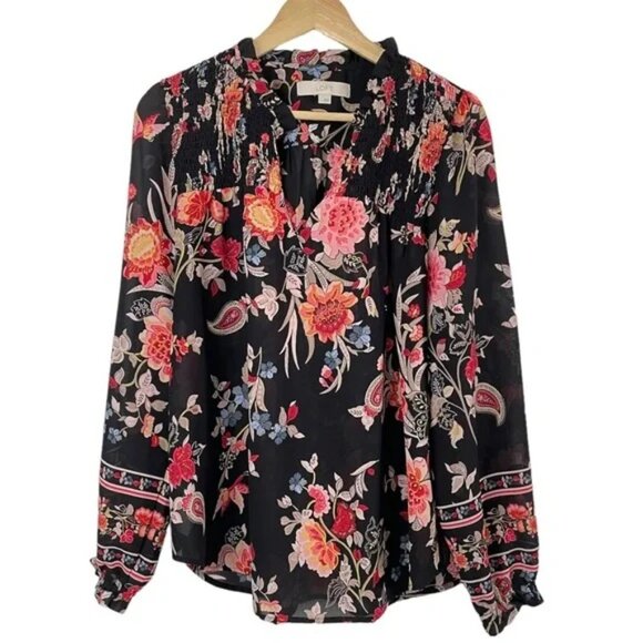 Ann Taylor Loft Floral Blouse Smocked Boho Size Large Read Description - Picture 1 of 9